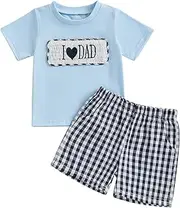 [Karuedoo] Fathers Day Baby Boy Clothes I Love Dad Embroidery Smocked T-Shirt Top Plaid Shorts Set 2Pc Toddler Summer Outfit