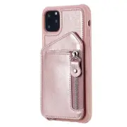 For Iphone 11 Pro Max Zipper Shockproof Back Cover Protective Case With Holder and Card Slots and Wallet and Lanyard and Photos Frames(Rose Gold)