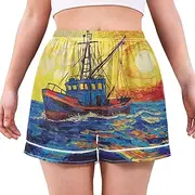 [RPLIFE] Boat Sunset Oil Painting Style Satin Shorts Pajamas For Women, Cute Light Shorts For Women, Ladies Summer Pajamas, Boat Sunset Oil Painting Style 3, Large