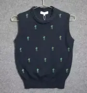 Pearl Vest Women Small Blue Navy Lela Rose Empower Cactus Embroidered Knit NWT