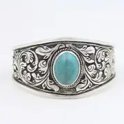 Vintage Hand Etched Turquoise Unisex Cuff Bracelet in Sterling Silver