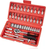 46PCS Small Drive Socket Ratchet Wrench Screwdriver Set, 1/4 Inch Small, Red