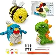 Crochet Kit for Beginners, Amigurumi Crocheting Animals Kits with Step-by-Step Video Tutorials- Penguin, Dinosaur or Bee, Knitting Starter Pack for Adults and Kids