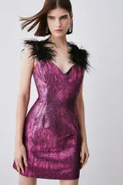 Feather Strap Jacquard Mini Dress