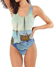 [RPLIFE] Boats Ocean Blue Women Swimming Suits, Padded One-Piece Swimsuit Petite Bathing Suits
