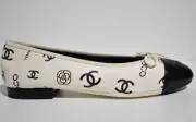 Chanel 23P White Black CC Coco Logo Cap Toe Bow Tie Ballet Ballerina Flat 37.5