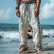 Men's Linen Pants Trousers Summer Pants Beach Pants Patchwork Elastic Waist Straight Leg Geometric Comfort Breathable Full Length Casual Daily Holiday Vacation
