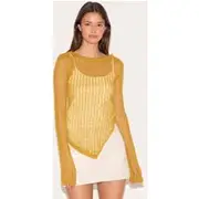 Olive Ladder Knit Sheer Asymmetric Hem Top, Olive