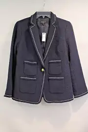 Talbots Tweed Blazer size 6 Petite Navy Blue Lined Patch Pocket Single Breasted