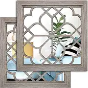 [Wocred] 2 PCS Square Wall Mirror,Gorgeous Rustic Farmhouse Accent Mirror,Barn Wood Color Entry Mirror for Bathroom Renovation,Bedrooms,Living Rooms and More(12”x12”)
