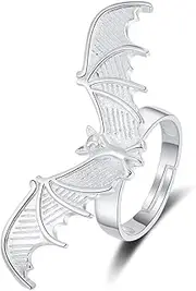 [Hebelee] Vintage Bat Animal Statement Ring for Women Silver Plated Black Flying Wing Animals Open Wrap Finger Rings Adjustable Expandable Comfort Fit Fashion Punk Gothic Jewelry for Halloween