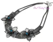 Black Deco Metal Lace Mesh Triple Floral Flower Garland Crystal Collar Necklace