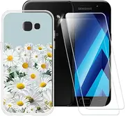 Printed TPU Case + 2-Pack Tempered Glass Screen Protector Compatible with Samsung Galaxy A5 2017 A520, Artistic Slim Shockproof Cover, Anti-Scratch, Full Protection