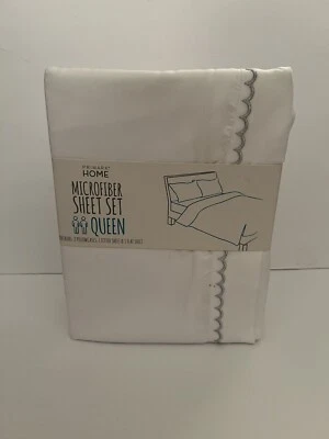 New Primark Home White Silver Details Microfiber Bed Sheet Set Queen 4 Piece