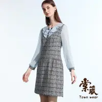 在飛比找momo購物網優惠-【TOWN’WEAR 棠葳】小香風毛呢拼接透膚袖洋裝(洋裝/