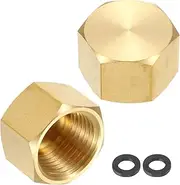 uxcell 2Pcs Brass Hex Head Plug Compression Cap Fitting Stop Valve Cap, 1/2" NPT Hex Thread Pipe Fitting Flare Cap Tubing Ends Sealing Cap with Gasket for Air Conditioner, Water, Gold