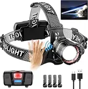 Spriak High Lumens LED Headlamp& 100H Using Time, USB Rechargeable Head lamp, 90° Adjustable Widebeam Motion Sensor Head Light with 5 Modes,Zoomable for Camping Running Hiking, Hard Hat Headlamps 1pc