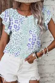 Sky Blue Leopard Layered Ruffle Short Sleeve Casual Blouse