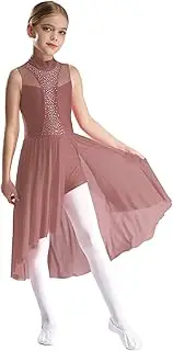 [Yruioon] Kids Girls Lyrical Ballet Dance Dress Sparkly Rhinestones Figure Ice Skating Dress Irregular Leotard
