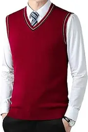 [SWJGLITTR] Men's Sleeveless Knitted Vest V Neck Pullover Waistcoats Relaxed Fit Wool Blended Vests, Red, Medium