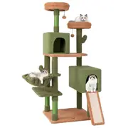 Costway Modern Cat Tree Tower Cactus Sisal 7-layer Scratching Posts Ball/Ramp/2 Condos/Washable Cushion/Platform Cat Furniture Green