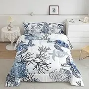 Homewish Sea Turtle Comforter Set Full Size,Coral Bedding Set 3pcs for Kids Boys Girls Adults Room Decor,Ocean Creature Quilt Set White Navy Blue Microfiber Duvet Insert with 2 Pillowcases
