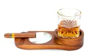 Acacia Wood Metal Cigar Ashtray Whiskey Bourbon Coaster Tray 2 Piece Set NWOB