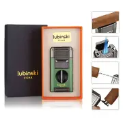 Lubinski Metal Cigar Lighter V-Cutter 2 Jet Flame Torch Cigar Punch Holder Drill