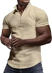 [Generic] Men's Short - Sleeve Stand - Collar Zippered Top ，Textured Fabric for a Trendy & Comfortable Look