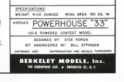 KORDA POWERHOUSE 33 Berkeley PLAN to Build a 33" CO2 Model Airplane