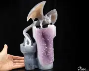 11.3" Agate Amethyst Geode Hand Carved Crystal Dragon Sculpture, Crystal Healing