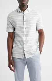 Stone Rose Pinstripe French Terry Short Sleeve Button-Up Shirt