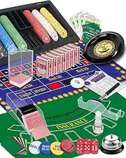 5 in 1 Super Casino Game Set: Blackjack/Roulette/Craps/Texas Hold'em/Poker Kit with Shoe+Discard Tray+360 Chip+8 Deck Card+Roulette Wheel+2 Felt+Stratedgy Card+Chip Rake（03）