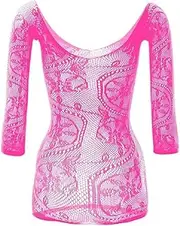 [Generic] Women Lingerie Rainbow Fishnet Halter Stretch Chemise Mini Dress Hollow Out Long Sleeved Skirt