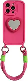Hand Strap Case with Love Heart Mirror Stand for iPhone 15 14 13 12 11 Pro Max Cover,Rose Red, for iPhone 13 Pro