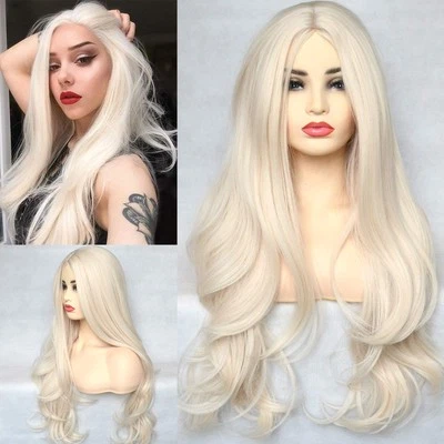 Platinum Blonde 60# Synthetic 13x4x1 T-Lace Front Wig Long Natural Wavy Heat ...