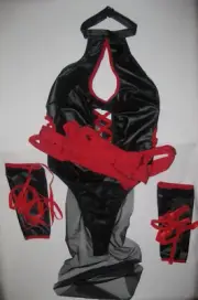 Shein cyberpunk ninja anime aesthetic faux leather bodysuit/teddy S black w/red