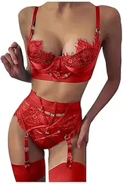 3FLQOOPP Women's Sleepwear Women Lingerie Sexy Underwear with Lace Pajamas Garter Thong Set (Red Medium)