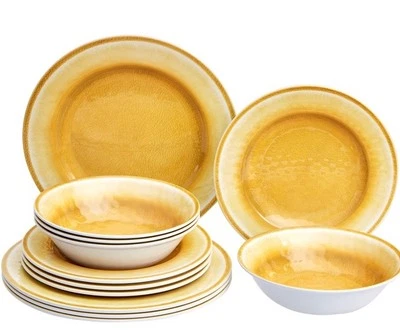 12-Piece Melamine Dinnerware Set - Service for 4, Yellow Crackle Gaze