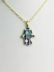 14k Solid Gold Hamsa Hand Pendant with Cubic Zirconia Necklace Charm - Fatima