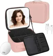 Travel Makeup Bag with LED Mirror, Makeup Organizer Bag Makeup Case with Lighted Mirror 3 Color Scenarios, Waterproof Makeup Box Adjustable Dividers Magnifying Mirror (Pink)