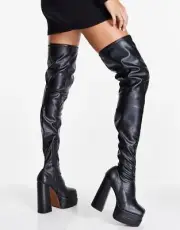 ASOS Design, Kathleen black PU Dominatrix 5.75" double platform thigh boots SZ 8