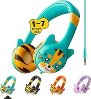 Kidrox Tiger-Ear Kids Headphones Boys/Girls - 85dB Volume Limited, Wired Toddler Headphones for School, Adjustable Headband, Tangle Free Cable, Cute Design, Small Turquoise Children Headphones On Ear