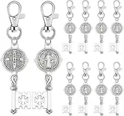 [WenRity] 10Pcs Tibetan Silver Medalla de San Benito Keychain Key Shaped St Benedict Medals Catholic Keychain for Men Women Birthday Party Favors Key Holder, Tibetan Silver