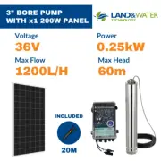 3" 0.25kW Submersible Solar Bore Pump Kit with x1 200W Solar Panels & 20m Cable