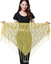 [Mr.Fashion] Halloween belly dance waist chain sequin fringe triangle scarf dance performance Hip towel beginner waist wrap, Yellow, One Size Plus Long