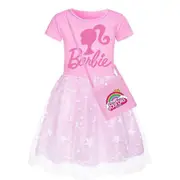 Kids Girls Barbie Printed Princess Dress Bag Set Summer Holiday Party Rainbow/Stars Tulle Skirt Dress Gifts Pink B 3-4 Years