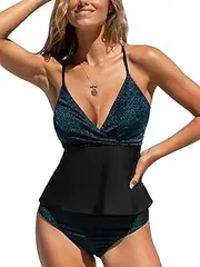 [CUPSHE] Women's Tankini Sets Two Piece Swimsuit V Neck Crisscross Back Tie Cutout Mid Rise Spaghetti Straps Shiny