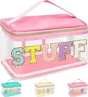 izuzta Chenille Letter Clear Makeup BagsPreppy Patch Makeup Bag with Handle, STUFF-Pink