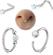 [AVYRING] Opal Nose Rings Hoops Set - 18g & 20g Nose Piercing Jewelry Surgical Steel Silver Nose Studs L Shaped Screw White Opal